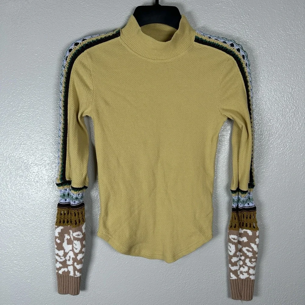 Free People Switch It Up‎ Thermal Top Womens XS Crochet Yellow Multicolor Boho